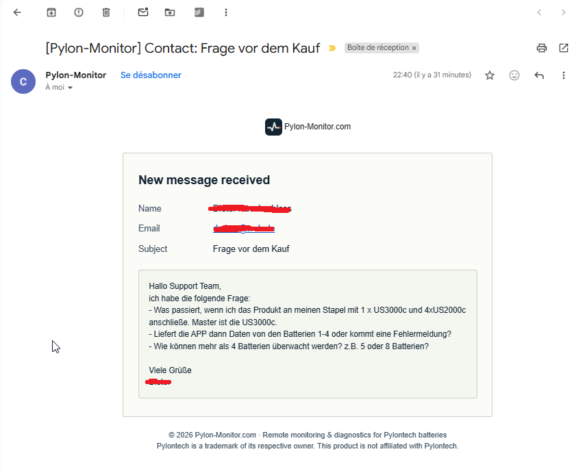 Screenshot van een klant-e-mail met de vraag of de Pylon-Monitor een US3000C-master met 4 gekoppelde US2000C-accu's ondersteunt