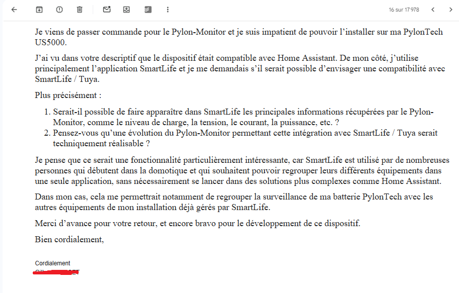 Screenshot van een klant-e-mail met een vraag over SmartLife/Tuya-integratie voor de Pylon-Monitor