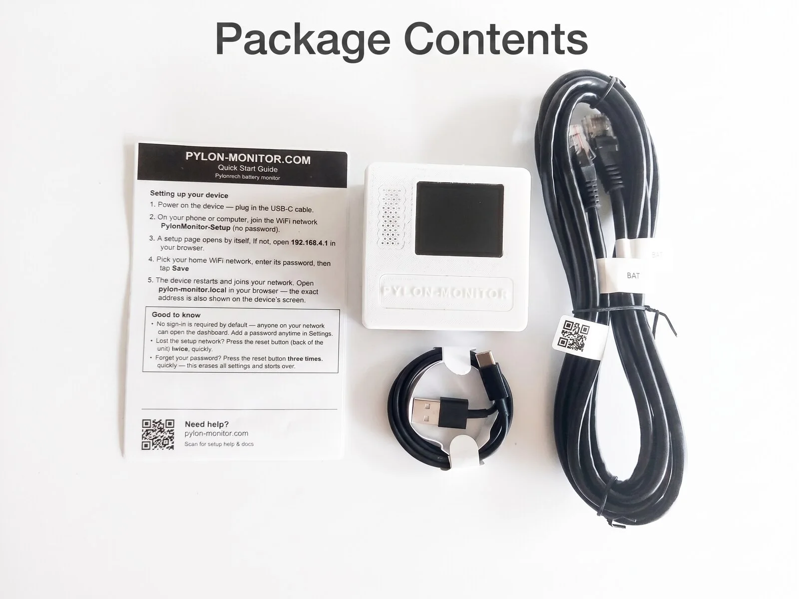 Contenu de la boîte Pylon-Monitor : appareil, câble RJ45, câble USB-C et carte de démarrage rapide