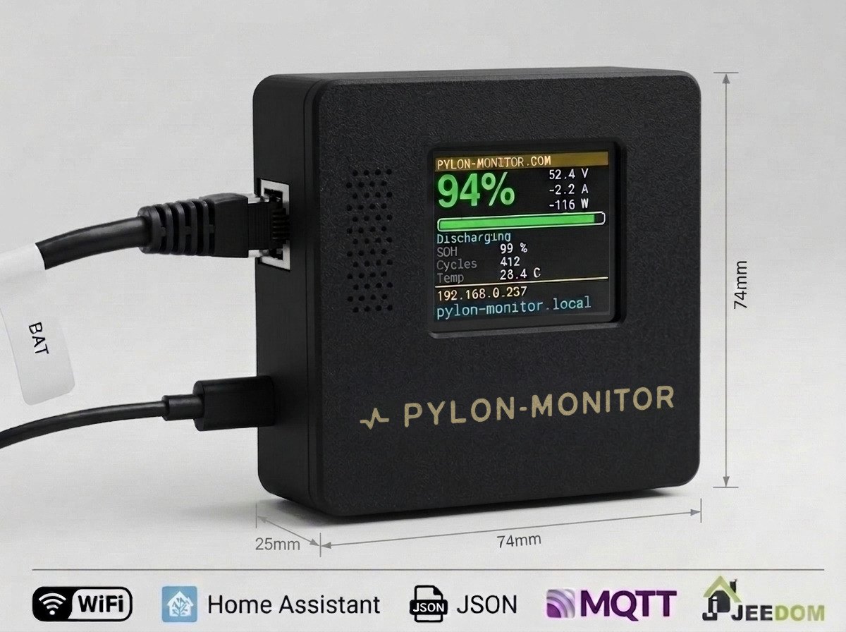 Pylon-Monitor V3 Premium — caja negra mate de 74 × 74 × 25 mm con logotipo dorado y pantalla a color, cables RJ45 y USB-C conectados