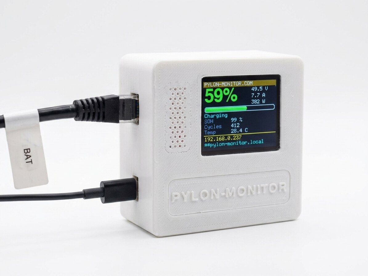 Pylon-Monitor V2 with its colour screen showing battery charge, voltage and power