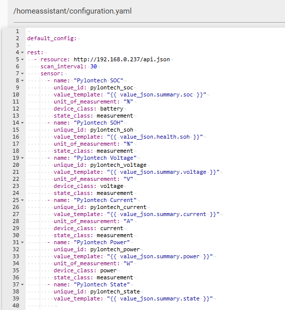 Home Assistant configuration.yaml editor showing the pasted Pylon-Monitor REST sensor block