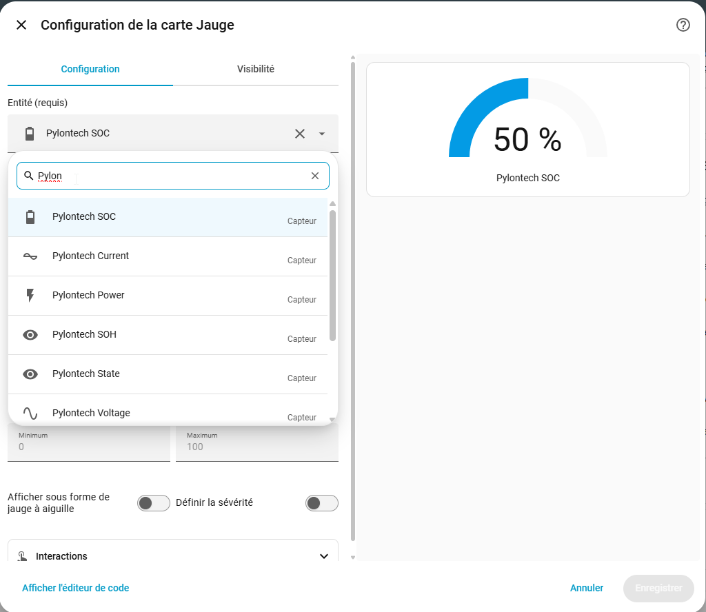 Home Assistant Gauge card configuration with the Pylontech SOC entity selected, showing a live 50% reading