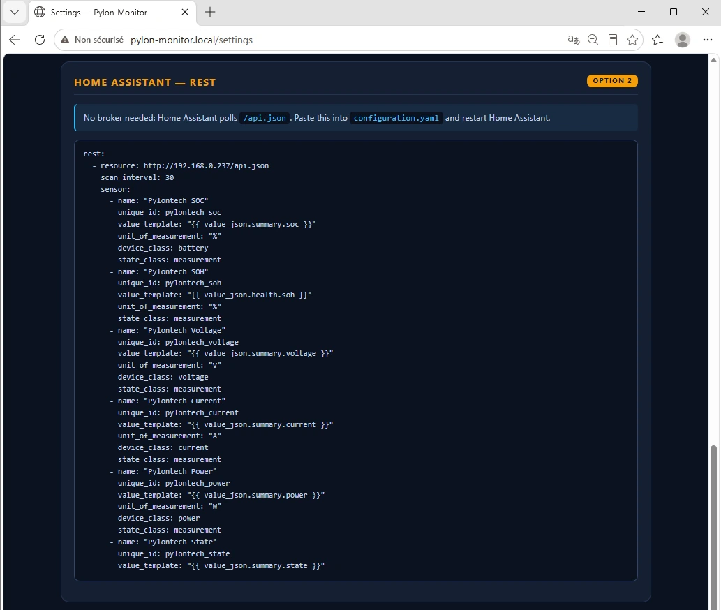 Pylon-Monitor Settings page — REST API YAML block auto-generated with the device's own IP address
