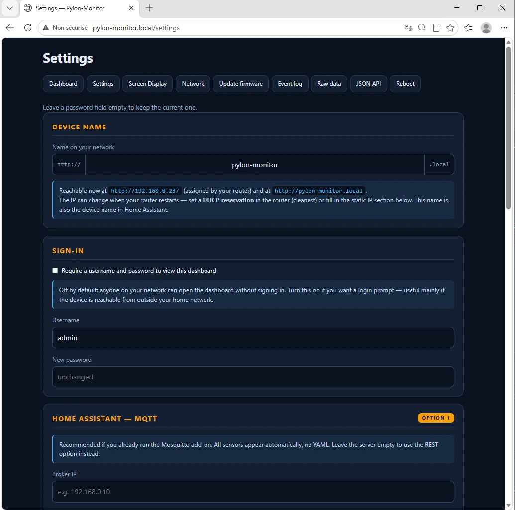 Page de réglages Pylon-Monitor — nom de l'appareil, activation de la connexion et configuration MQTT Home Assistant